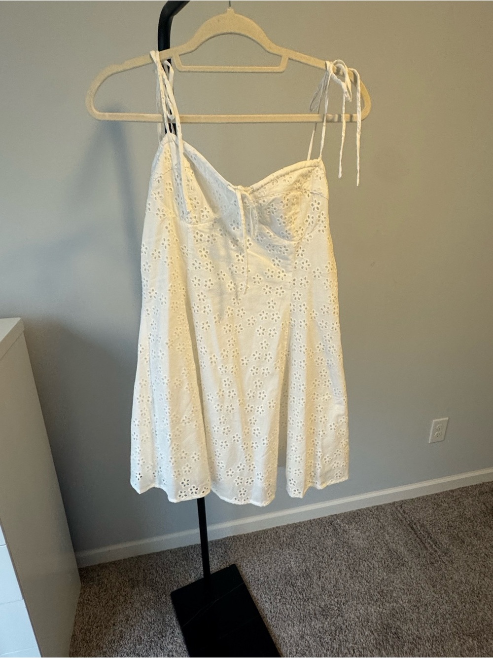 White Eyelet Tie-Strap Mini Dress